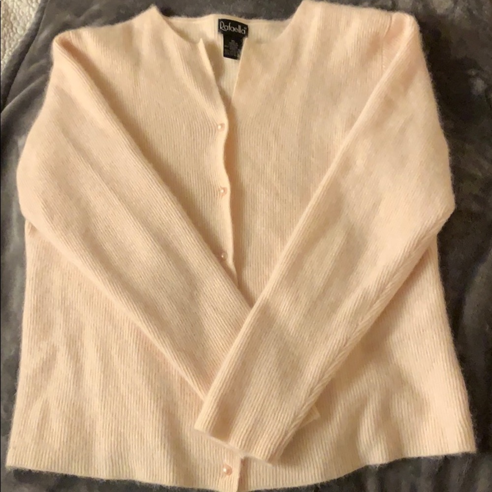 Pale Pink Fuzzy Sweater with pink pearl buttons